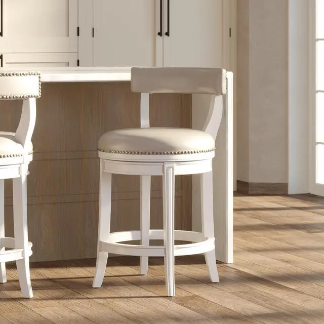 Alt view image 2 of 7 - 26" Counter-Height Bar Stool, White Wood with Gray Faux Leather Seat and Back, 1PC