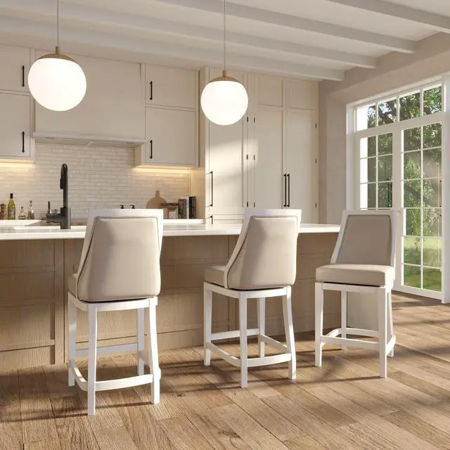 Alt view image 6 of 7 - Swivel 26"H Counter-Height Bar Stool with Tall Back, White with Gray Faux-Leather Seat, 1PC
