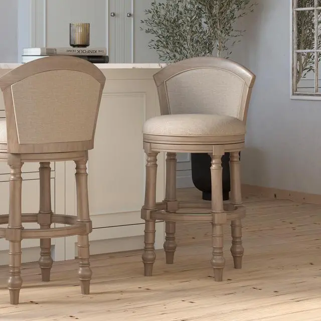 Alt view image 2 of 7 - 31" Wood Barrel-Back Bar Stool with Swivel and Upholstered Seat and Back, Uptown Gray with Beige Seat and Back, 1PC