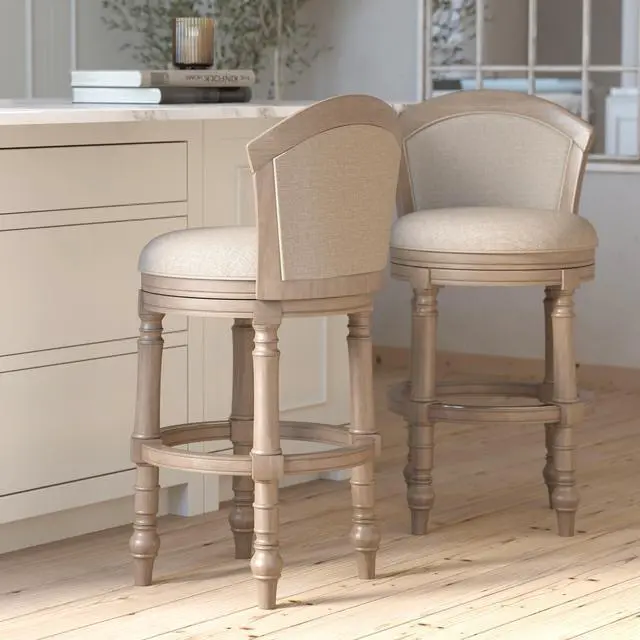 Alt view image 4 of 7 - 31" Wood Barrel-Back Bar Stool with Swivel and Upholstered Seat and Back, Uptown Gray with Beige Seat and Back, 1PC