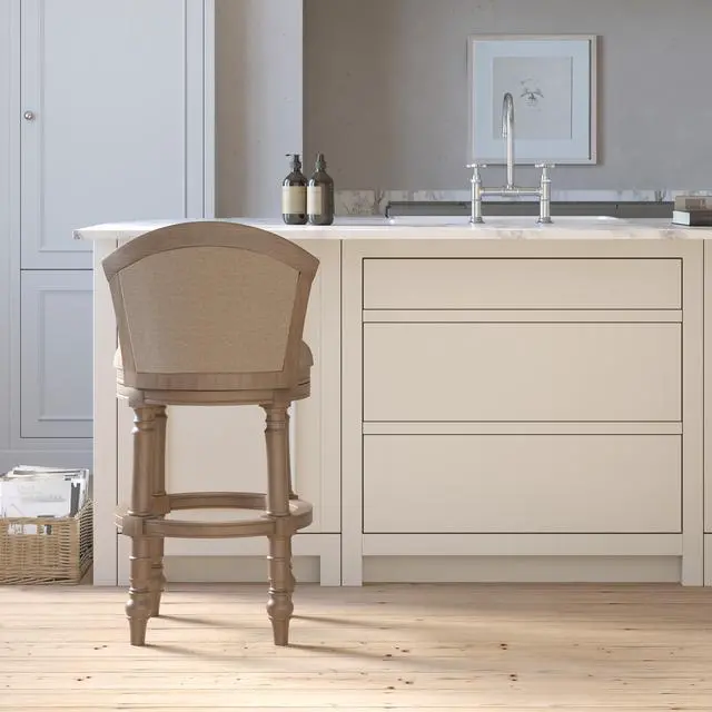 Alt view image 7 of 7 - 31" Wood Barrel-Back Bar Stool with Swivel and Upholstered Seat and Back, Uptown Gray with Beige Seat and Back, 1PC
