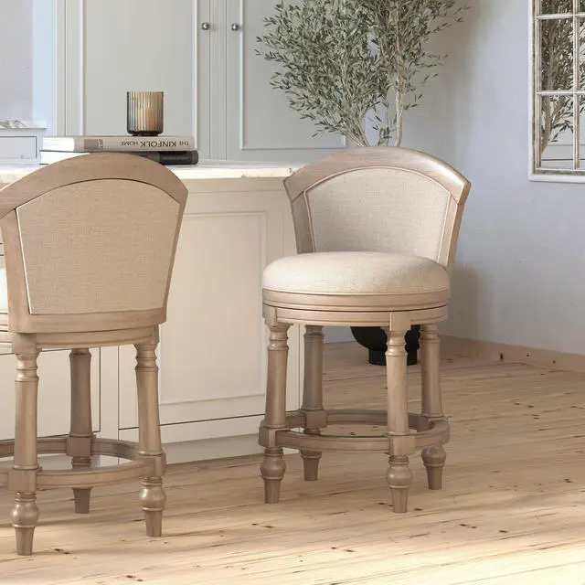 Alt view image 2 of 7 - 26" Wood Barrel-Back Counter-Height Bar Stool with Swivel and Upholstered Seat and Back, Uptown Gray with Beige Seat and Back, 1PC