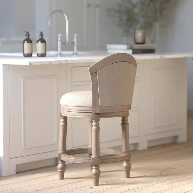 Alt view image 5 of 7 - 26" Wood Barrel-Back Counter-Height Bar Stool with Swivel and Upholstered Seat and Back, Uptown Gray with Beige Seat and Back, 1PC