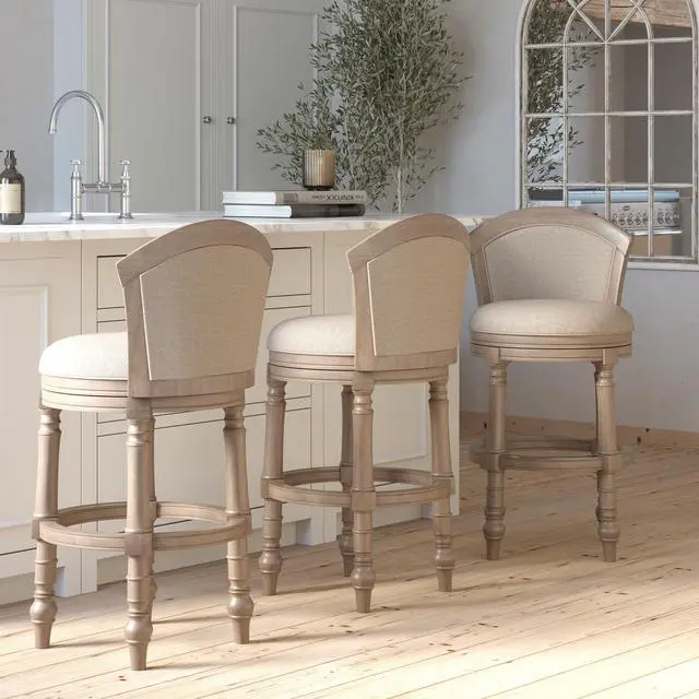 Alt view image 6 of 7 - 31" Wood Barrel-Back Bar Stool with Swivel and Upholstered Seat and Back, Uptown Gray with Beige Seat and Back, 1PC