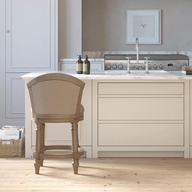 Alt view image 6 of 7 - 26" Wood Barrel-Back Counter-Height Bar Stool with Swivel and Upholstered Seat and Back, Uptown Gray with Beige Seat and Back, 1PC