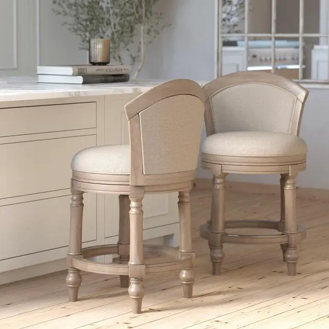 Alt view image 7 of 7 - 26" Wood Barrel-Back Counter-Height Bar Stool with Swivel and Upholstered Seat and Back, Uptown Gray with Beige Seat and Back, 1PC