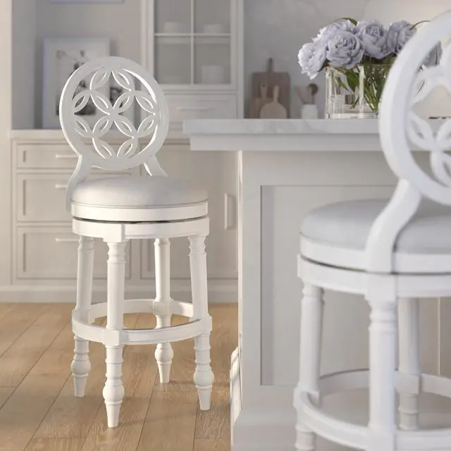 Alt view image 4 of 7 - 31" Wood Bar Stool with Back and Swivel Upholstered Seat, Farmhouse White, 1PC