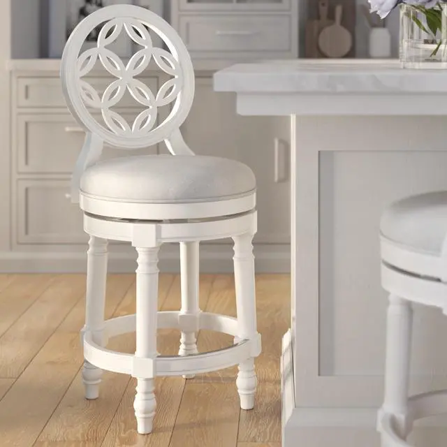 Alt view image 2 of 7 - 26" Wood Counter-Height Bar Stool with Back and Swivel Upholstered Seat, Farmhouse White, 1PC