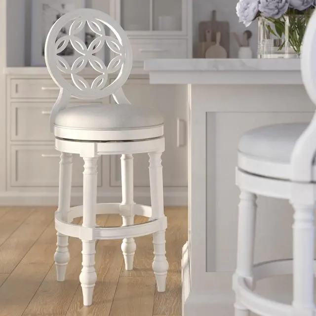 Alt view image 2 of 7 - 31" Wood Bar Stool with Back and Swivel Upholstered Seat, Farmhouse White, 1PC
