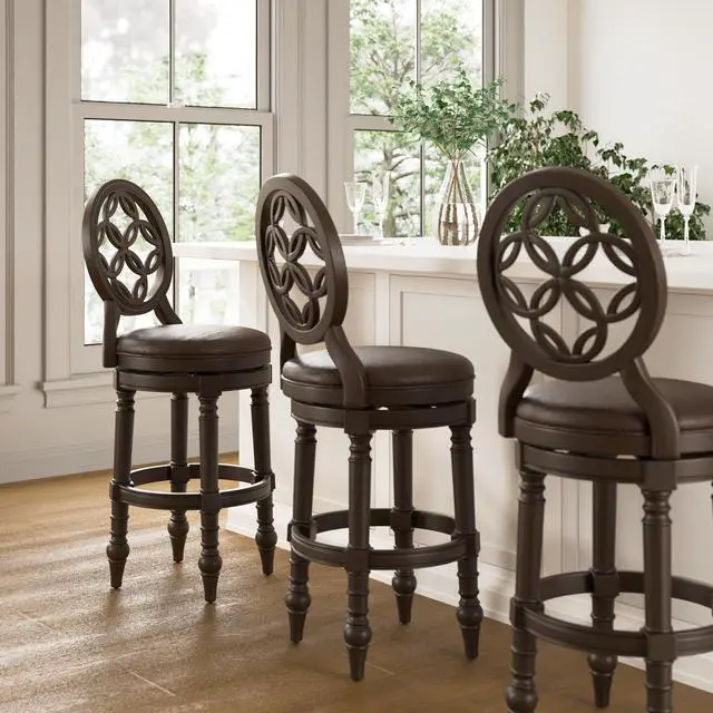 Alt view image 4 of 7 - 31" Wood Bar Stool with Back and Swivel Upholstered Seat, Distressed Walnut, 1PC