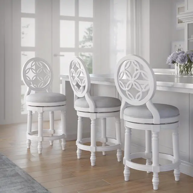 Alt view image 5 of 7 - 26" Wood Counter-Height Bar Stool with Back and Swivel Upholstered Seat, Farmhouse White, 1PC