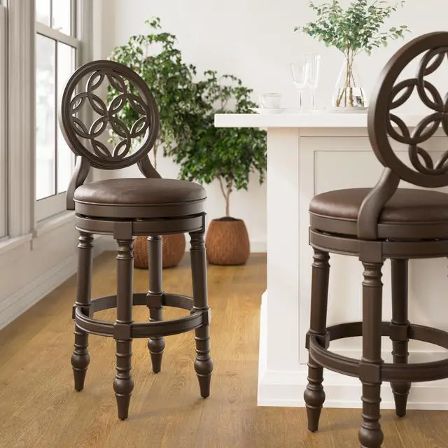 Alt view image 2 of 7 - 31" Wood Bar Stool with Back and Swivel Upholstered Seat, Distressed Walnut, 1PC