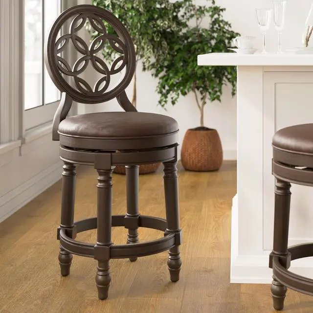 Alt view image 2 of 7 - 26" Wood Counter-Height Bar Stool with Back and Swivel Upholstered Seat, 1PC
