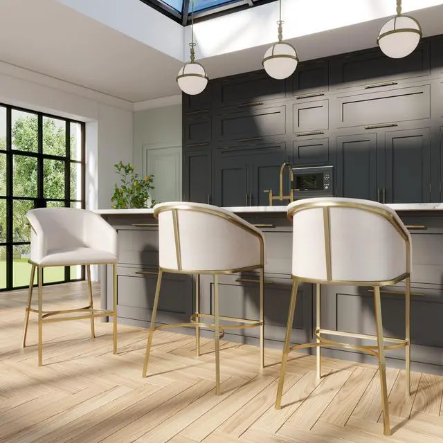 Alt view image 6 of 6 - 31" Modern Bar Stool, White Faux Leather with Gold Steel Frame, 1PC