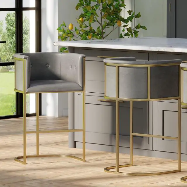 Alt view image 2 of 6 - 31" Bar Stool Gray Faux Leather with Brass-Finish Metal Base, 1PC