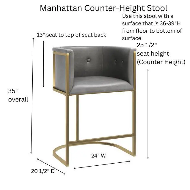 Alt view image 3 of 7 - 26" Counter Stool Gray Faux Leather with Brass-Finish Metal Base, 1PC