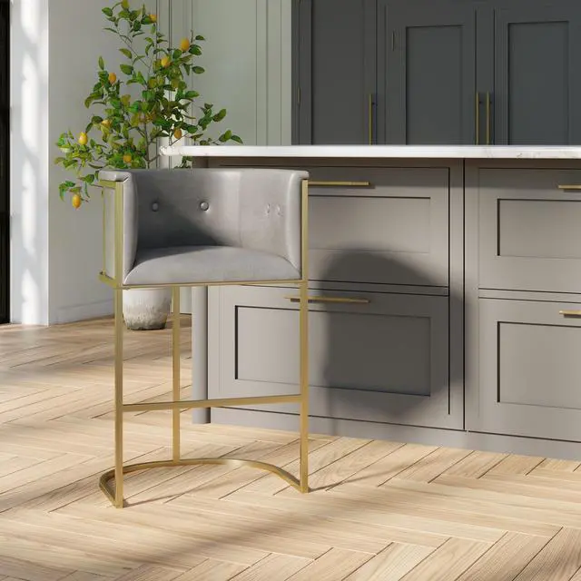 Alt view image 4 of 6 - 31" Bar Stool Gray Faux Leather with Brass-Finish Metal Base, 1PC