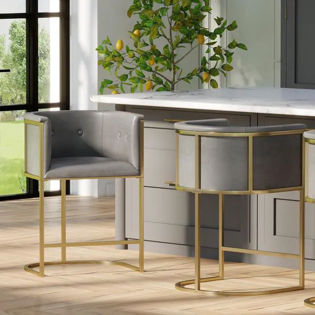 Alt view image 2 of 7 - 26" Counter Stool Gray Faux Leather with Brass-Finish Metal Base, 1PC