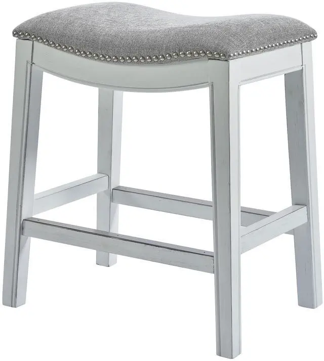 Main image of 26in. Counter-Height Backless Wood Saddle-Seat Barstool with Nailhead Trim, Farmhouse Whitewash with Gray Upholstered Seat, 1PC