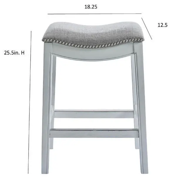 Alt view image 3 of 7 - 26in. Counter-Height Backless Wood Saddle-Seat Barstool with Nailhead Trim, Farmhouse Whitewash with Gray Upholstered Seat, 1PC