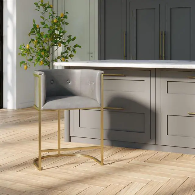 Alt view image 5 of 7 - 26" Counter Stool Gray Faux Leather with Brass-Finish Metal Base, 1PC