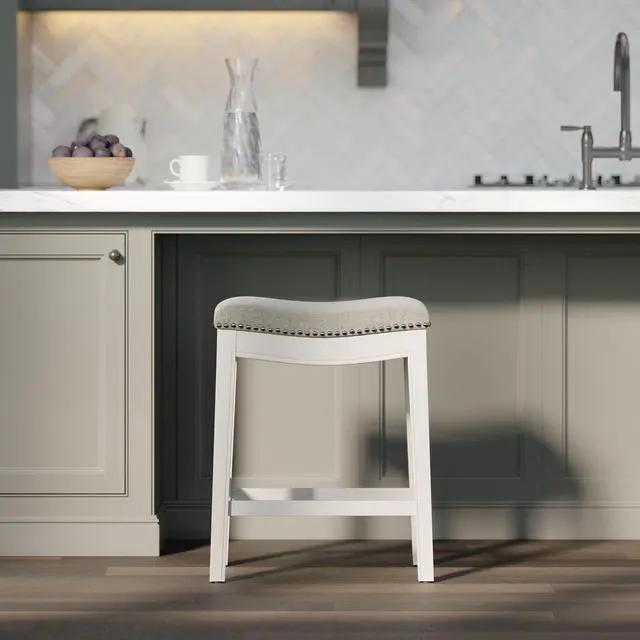Alt view image 5 of 7 - 26in. Counter-Height Backless Wood Saddle-Seat Barstool with Nailhead Trim, Farmhouse Whitewash with Gray Upholstered Seat, 1PC
