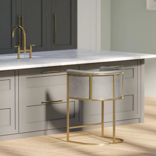 Alt view image 6 of 7 - 26" Counter Stool Gray Faux Leather with Brass-Finish Metal Base, 1PC