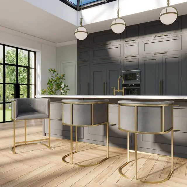 Alt view image 7 of 7 - 26" Counter Stool Gray Faux Leather with Brass-Finish Metal Base, 1PC