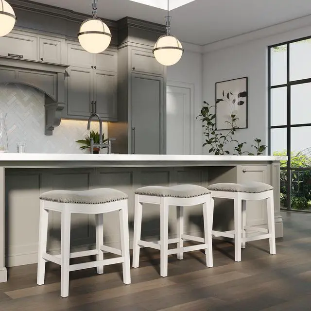 Alt view image 7 of 7 - 26in. Counter-Height Backless Wood Saddle-Seat Barstool with Nailhead Trim, Farmhouse Whitewash with Gray Upholstered Seat, 1PC
