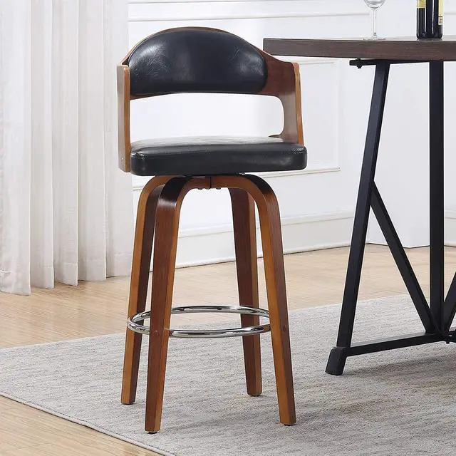 Alt view image 2 of 7 - Wood and Faux Leather Black Mid-Century 27-Inch Counter Seat Height Swivel Barstool