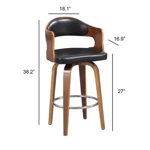 Alt view image 7 of 7 - Wood and Faux Leather Black Mid-Century 27-Inch Counter Seat Height Swivel Barstool