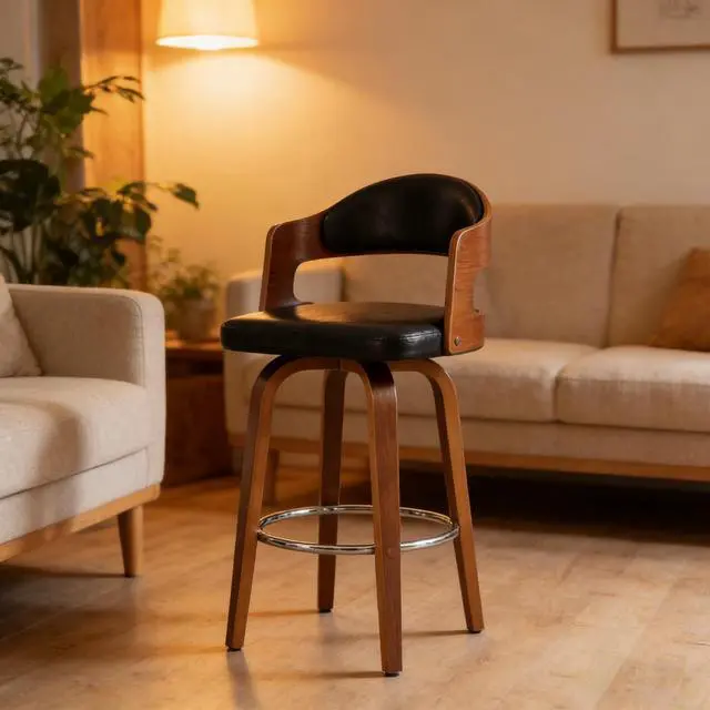 Alt view image 4 of 7 - Wood and Faux Leather Black Mid-Century 27-Inch Counter Seat Height Swivel Barstool