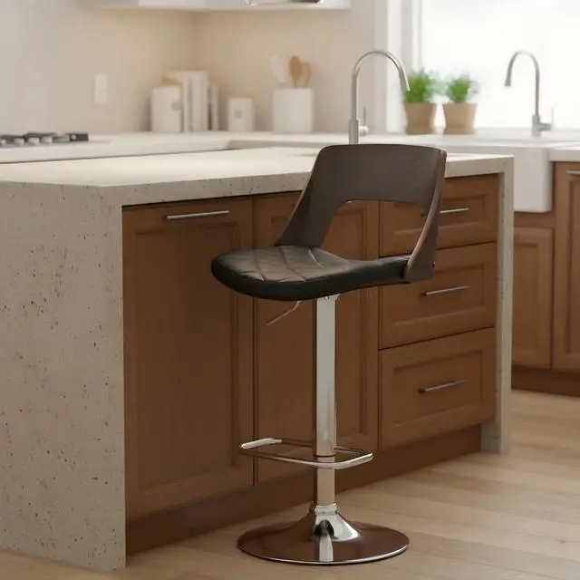 Alt view image 2 of 7 - Bentwood Contemporary Modern Stylish Wood Back Adjustable Swivel Bar Stool with Diamond Quilted Finish Curved Seat and Back, Weathered Oak