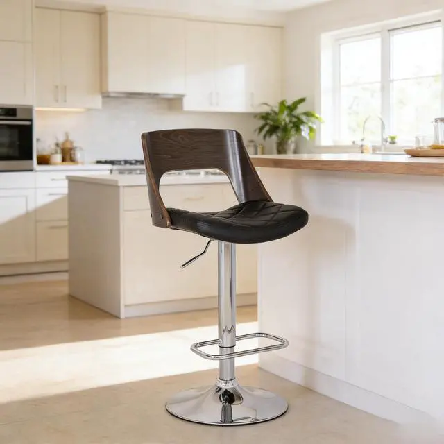 Alt view image 3 of 7 - Bentwood Contemporary Modern Stylish Wood Back Adjustable Swivel Bar Stool with Diamond Quilted Finish Curved Seat and Back, Weathered Oak