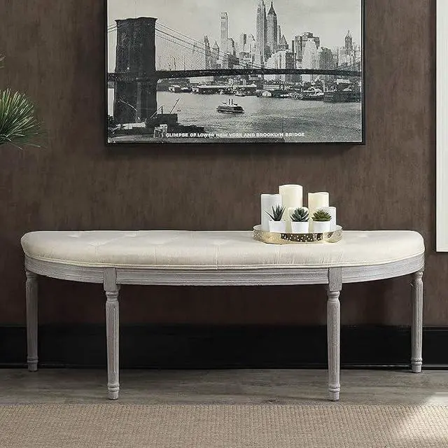 Alt view image 3 of 7 - Coastal Button Tufted Light Beige Upholstered Bench with Weathered Gray Legs