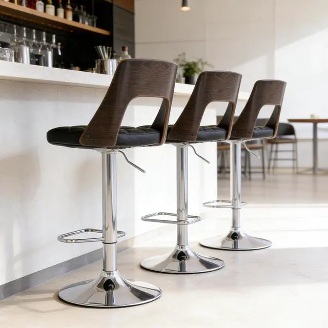 Alt view image 4 of 7 - Bentwood Contemporary Modern Stylish Wood Back Adjustable Swivel Bar Stool with Diamond Quilted Finish Curved Seat and Back, Weathered Oak