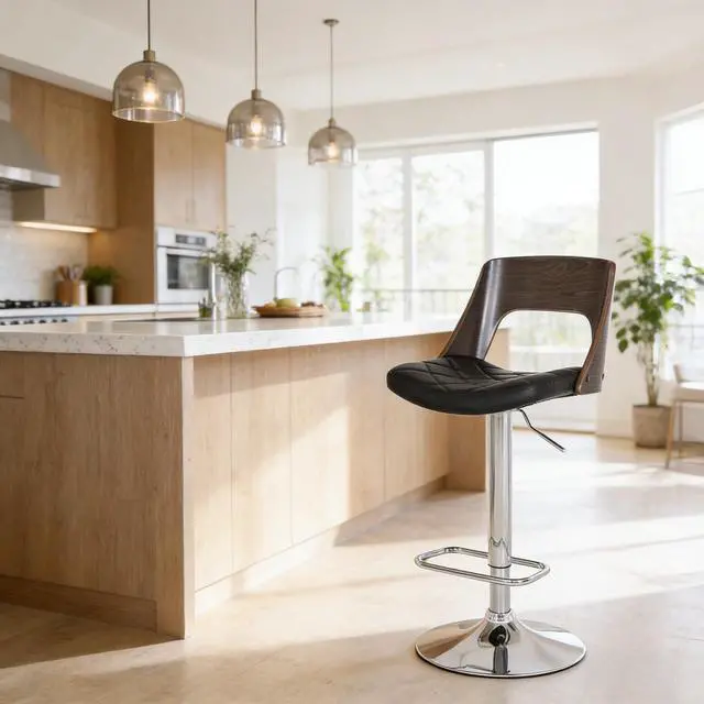 Alt view image 5 of 7 - Bentwood Contemporary Modern Stylish Wood Back Adjustable Swivel Bar Stool with Diamond Quilted Finish Curved Seat and Back, Weathered Oak