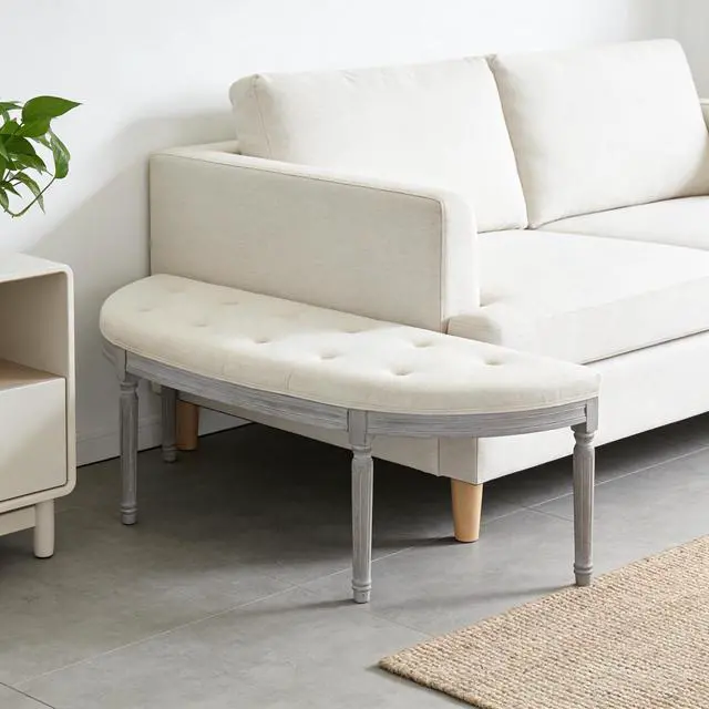 Alt view image 4 of 7 - Coastal Button Tufted Light Beige Upholstered Bench with Weathered Gray Legs