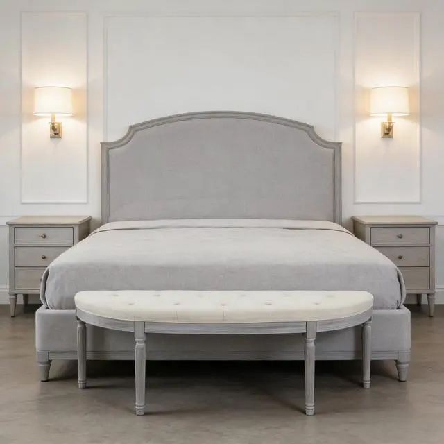 Alt view image 5 of 7 - Coastal Button Tufted Light Beige Upholstered Bench with Weathered Gray Legs