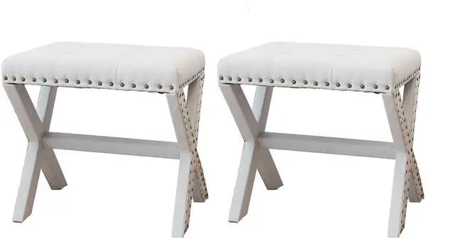 Main image of Accent Stool, Tufted Linen Upholstered Chair, X-Base Wood Seat with Nailhead Trim, 17"D x 19"W x 17"H, 300 lbs Capacity