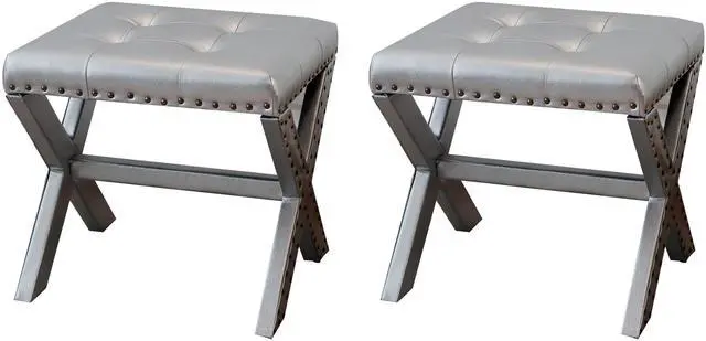 Main image of Accent Stool, Tufted Linen Upholstered Chair, X-Base Wood Seat with Nailhead Trim, 17"D x 19"W x 17"H, 300 lbs Capacity