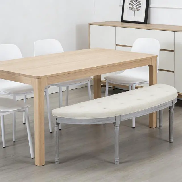 Alt view image 6 of 7 - Coastal Button Tufted Light Beige Upholstered Bench with Weathered Gray Legs