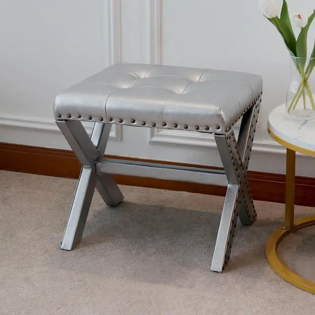Alt view image 2 of 6 - Accent Stool, Tufted Linen Upholstered Chair, X-Base Wood Seat with Nailhead Trim, 17"D x 19"W x 17"H, 300 lbs Capacity