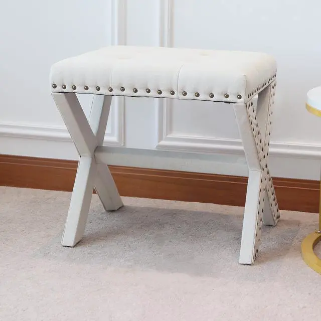 Alt view image 2 of 6 - Accent Stool, Tufted Linen Upholstered Chair, X-Base Wood Seat with Nailhead Trim, 17"D x 19"W x 17"H, 300 lbs Capacity