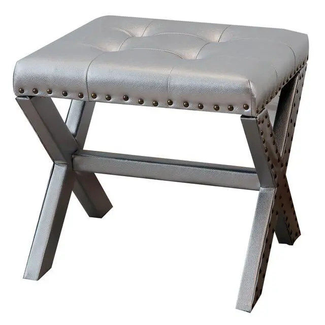 Alt view image 5 of 6 - Accent Stool, Tufted Linen Upholstered Chair, X-Base Wood Seat with Nailhead Trim, 17"D x 19"W x 17"H, 300 lbs Capacity