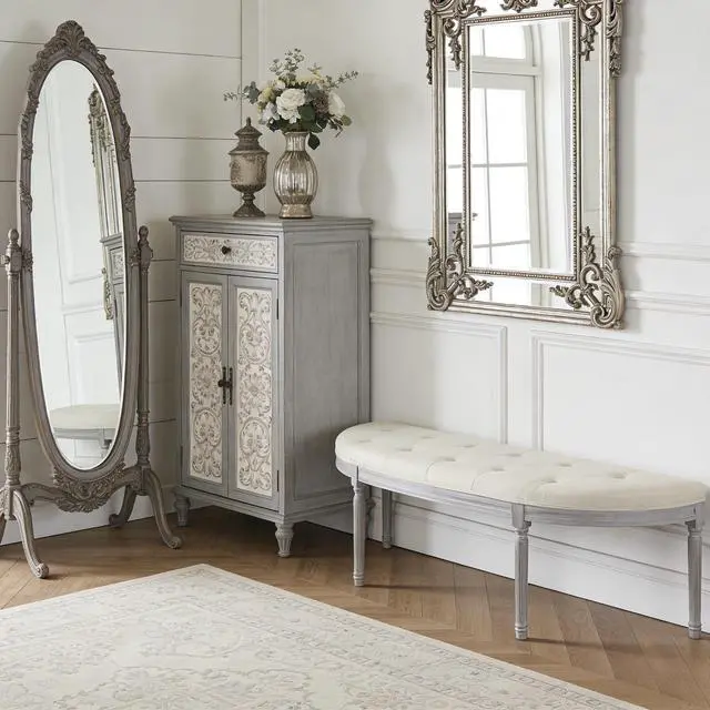 Alt view image 7 of 7 - Coastal Button Tufted Light Beige Upholstered Bench with Weathered Gray Legs