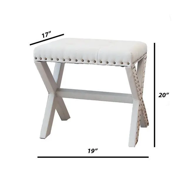 Alt view image 3 of 6 - Accent Stool, Tufted Linen Upholstered Chair, X-Base Wood Seat with Nailhead Trim, 17"D x 19"W x 17"H, 300 lbs Capacity