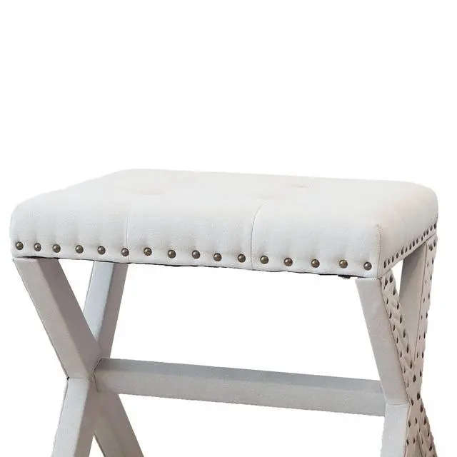 Alt view image 4 of 6 - Accent Stool, Tufted Linen Upholstered Chair, X-Base Wood Seat with Nailhead Trim, 17"D x 19"W x 17"H, 300 lbs Capacity