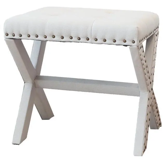 Alt view image 5 of 6 - Accent Stool, Tufted Linen Upholstered Chair, X-Base Wood Seat with Nailhead Trim, 17"D x 19"W x 17"H, 300 lbs Capacity