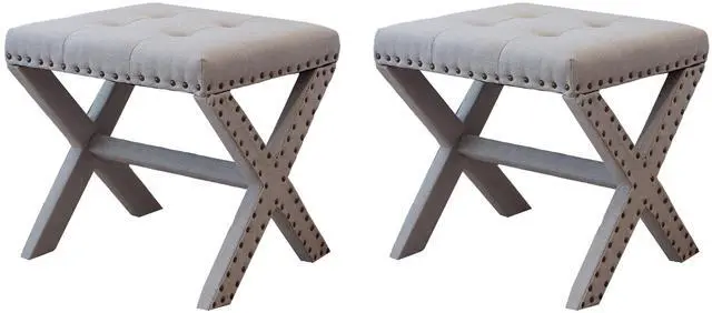 Main image of Accent Stool, Tufted Linen Upholstered Chair, X-Base Wood Seat with Nailhead Trim, 17"D x 19"W x 17"H, 300 lbs Capacity